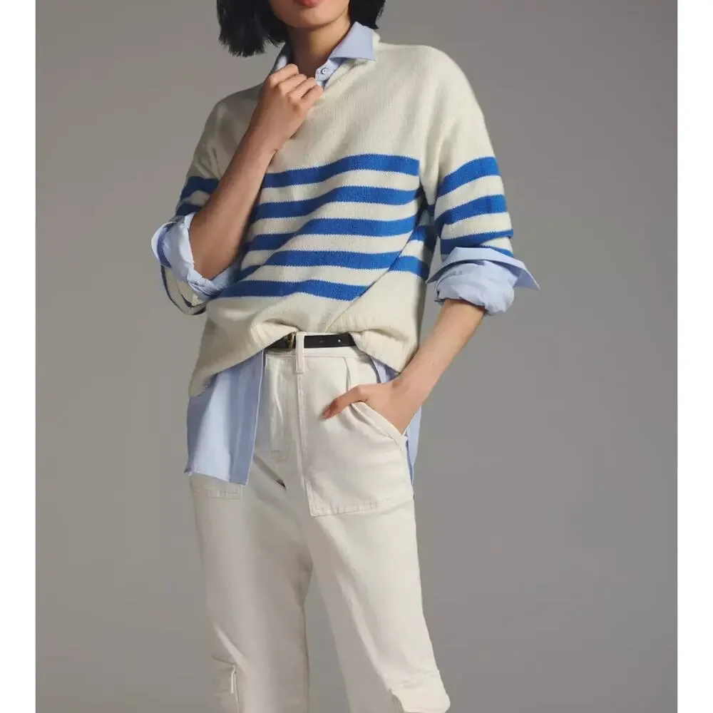 KULE Cream and Blue Striped Cashmere-blend Turtleneck Sweater. Sz L - Picture 4 of 16